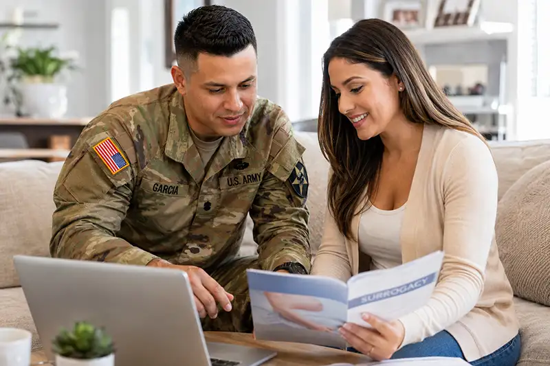 Military couple reviewing gestational surrogacy information at home while learning about surrogate support for military families through Global Surrogacy Services.