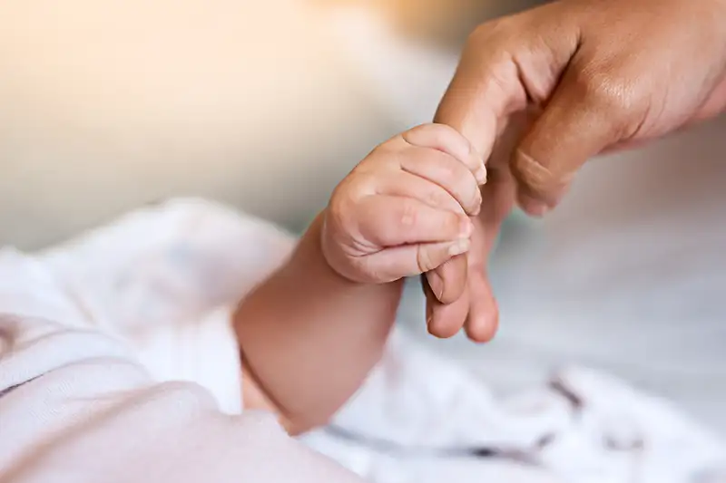 Newborn holding an adult finger during the surrogacy process
